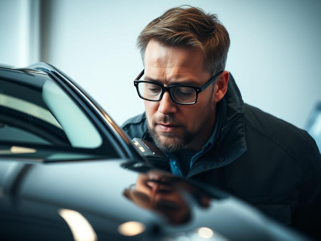 Professioneller Auto-Gutachter prüft Fahrzeug